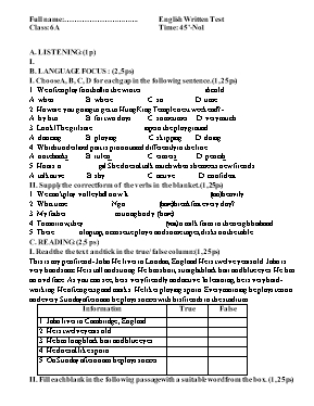 Đề kiểm tra 1 tiết số 1 môn Tiếng Anh Khối 6 (Chương trình thí điểm)